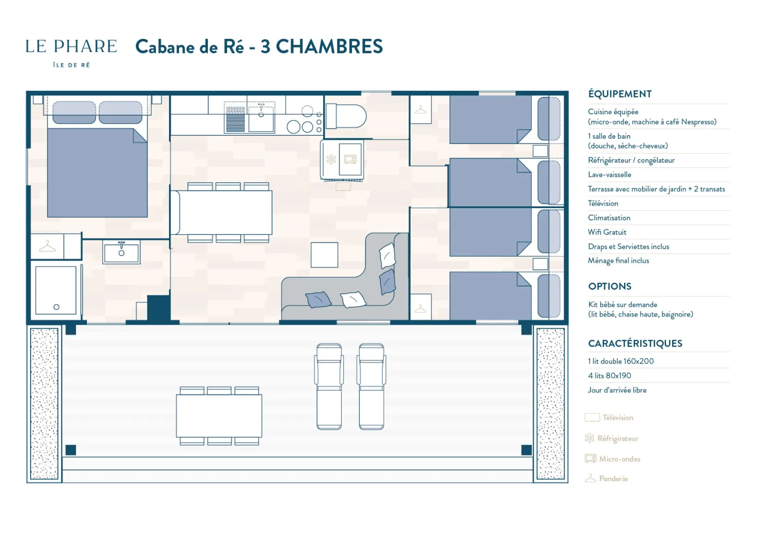 Elke accommodatie is uniek: inrichting, indeling en kleuren kunnen afwijken van de foto’s. De Rivages-sfeer verandert nooit.